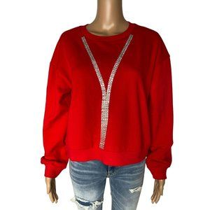 Labijou Rhinestone Crew Neck Sweatshirt Long Sleeve Red Size M